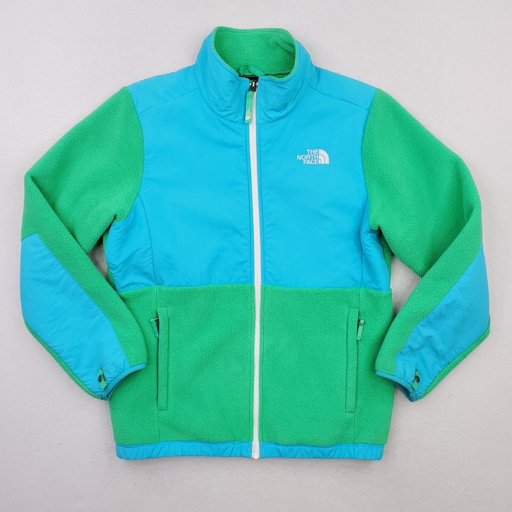 North Face Denali Jacket Girl Extra Large Green Blue Fleece Softshell Colorblock